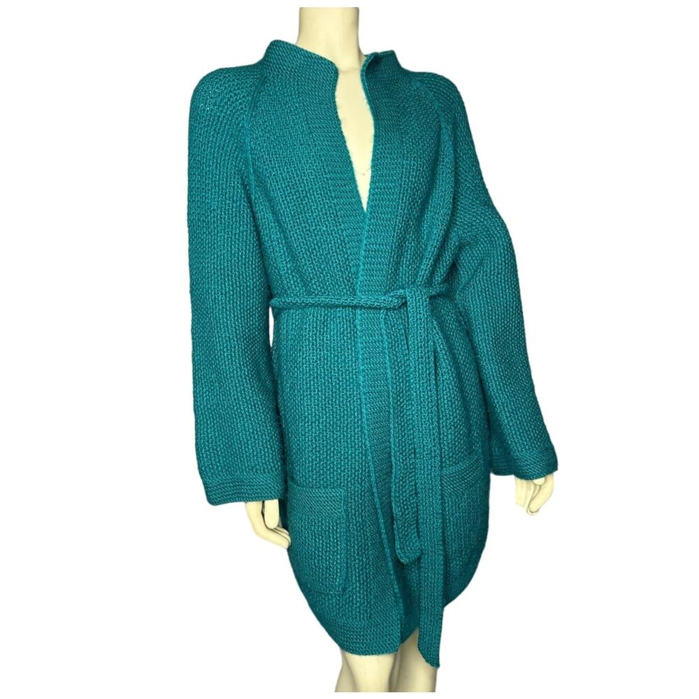 American vintage OOAK Hand knit over sized green belted cardigan size medium